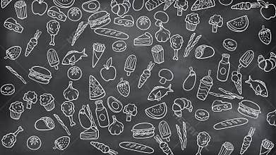 Hand-Drawn Food Pattern on Chalkboard Background Seamless Doodle Style Food Icons