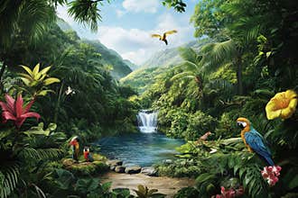 Lush tropical rainforest with vibrant wildlife and serene waterfall during daylight