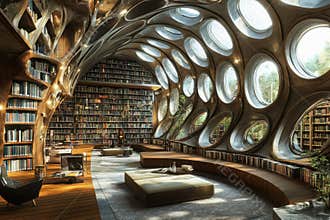 Unique modern library design featuring organic architecture and natural lighting