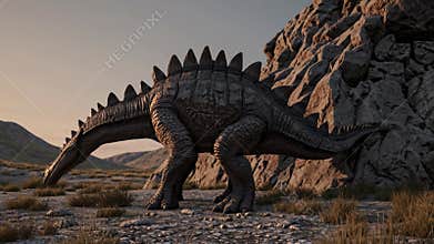 Ankylosaurus stands in a prehistoric landscape. Herbivorous dinosaur grazes peacefully near rocky terrain. Spiked back
