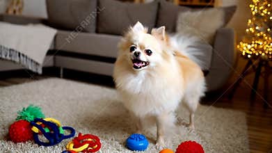 Fluffy Pomeranian dog standing living room colorful toys background pet home stock footage Generative AI