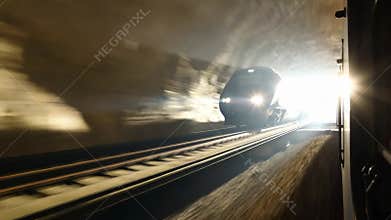 Train approaching emerging tunnel bright light railway track transportation stock footage Generative AI