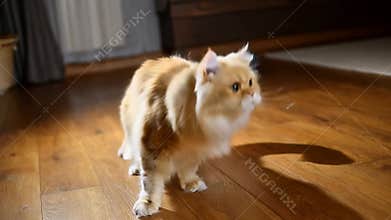 Fluffy ginger cat walking across wooden floor home pet domestic animal move stock footage Generative AI