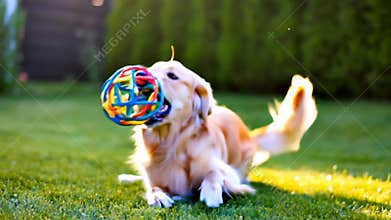 Golden Retriever puppy playing fetch colorful toy green grass park happy pet stock footage Generative AI