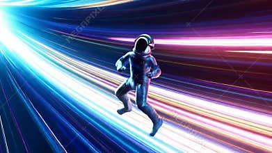 Astronaut running futuristic light tunnel speed motion sci,fi hyperspace time stock footage Generative AI
