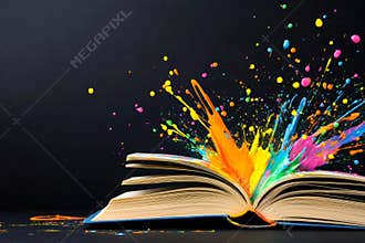 Vibrant splash of colorful paint bursting from open book on black background creativity concept, AI Generative