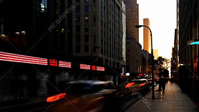 City street view sunset sunrise lens flare urban buildings traffic lights stock footage Generative AI