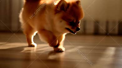 Small Pomeranian dog walking sunny wood floor casting shadow pet home bright stock footage Generative AI