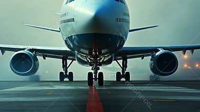 front view of a wide-body airplane on runway with visible landing gear, turbines, and a second aircraft in distance