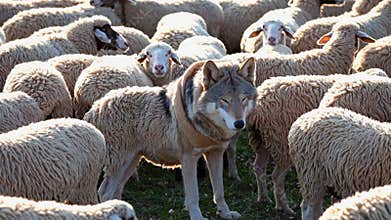 Wolf standing among sheep in a field