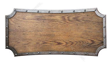 Wood sign with metal frame on chain isolated on