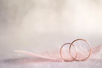 Two Golden Wedding Rings and Feather - gentle background