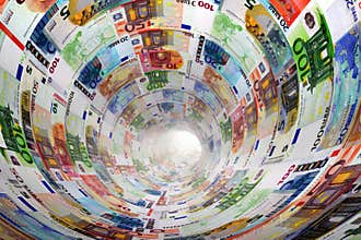 Tunnel of Euro banknotes towards light. Money.