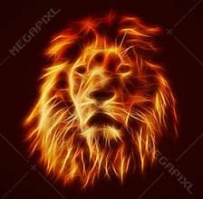 Abstract, artistic lion portrait. Fire flames fur