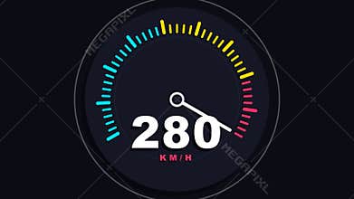 Modern Digital Speedometer Gauge Showing Rapid Acceleration to High Speed for Automotive Performance