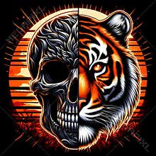 Tiger and skull split face with retro sun, synthwave surreal wildlife