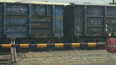 Indian Goods Train Moving on Railway Track Close Up, Freight Transport Logistics Industry Cargo Rail