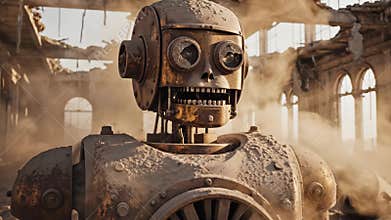 Rust covered steampunk robot stands amidst collapsing building rubble and dust cloud during industrial apocalypse; metallic