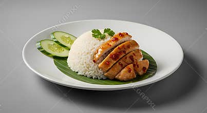 Delicious cooked rice with sliced savory chicken and refreshing cucumber circles presented on a green leaf atop a white platter