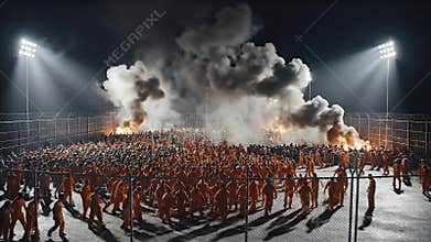 Prison Riot Scene With Orange Uniformed Inmates Chaos Smoke Fire And Intense Lighting On Stadium Field