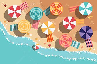 Summer beach in flat design, sea side and beach items