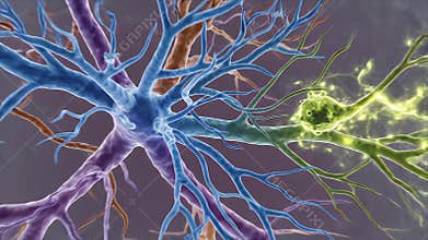 Detailed 3D CGI Animation of Neuronal Synapse Transmission with Glowing Axon Terminals and Dendritic Branches on a Dark Abstract