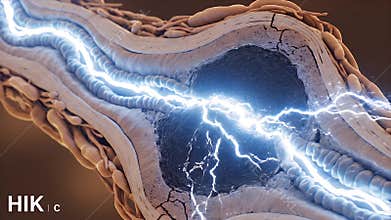 Detailed 3D CGI cross-section of a nerve axon and myelin sheath with electrical impulse transmission highlighted with bright blue