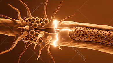 Abstract CGI Visualization of a Myelinated Neuron with a Damaged Myelin Sheath and Exposed Axon Facilitating Neural Signal