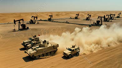 Military Convoy Driving Through Desert Oil Field With Pumpjacks And Dust. Ai generated