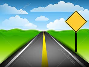 Long Road With Blank Yellow Sign