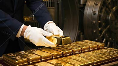 Banker in suit and white glove arranging gold bar in bank vault.