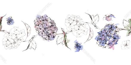 Soft hydrangea, spirea flower, rhododendron blossom cluster hand drawn in pencil with airy watercolor wash and vintage