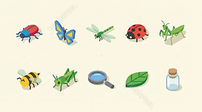 Isometric Nature Insects Vector Set: Butterfly Bee Beetle Dragonfly Ladybug Mantis