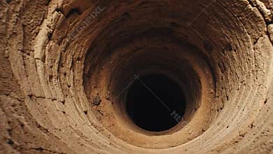 Looking into the Depth of a Dark Ancient Stone Well Pit