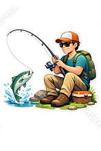 Happy young man fishing and catching big bass fish cartoon sticker