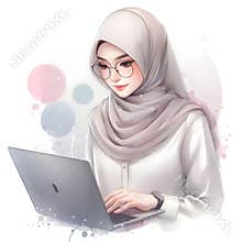 Focused woman in hijab working on laptop
