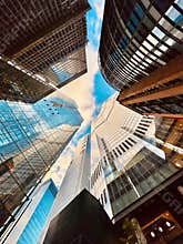 Modern Skyscrapers in Downtown Business District With Reflective Glass and Dramatic Upward Perspective