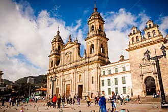 Bolivar Simon Square and the Cathedral in Bogota, Colombia. Candelaria
