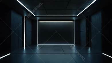 Sci fi corridor with neon lights and blank screen