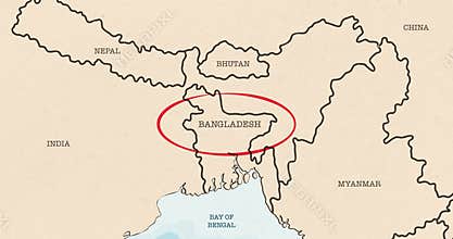 a red circle marking to bangladesh on a vintage political map
