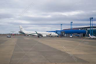Amelia Embraer E190LR in Silversea Expeditions livery at the terminal gates in Punta Arenas airport