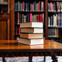 Books Stacked on a Wooden Table in a Library Surrounded by Shelves Filled With More Books