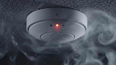 Close up of modern white round smoke detector alarm sensor installed on ceiling with glowing red light, safety concept