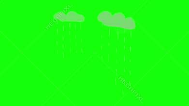 Hand drawn animated rain clouds with falling raindrops isolated on a bright green screen background