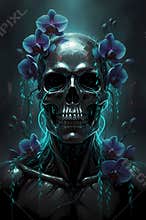 Gothic Cyberpunk Skull Interwined with Glowing Neon Green Vines and Purple Orchids