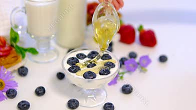 Homemade yogurt with blueberries and honey served with chamomile flowers healthy breakfast dessert