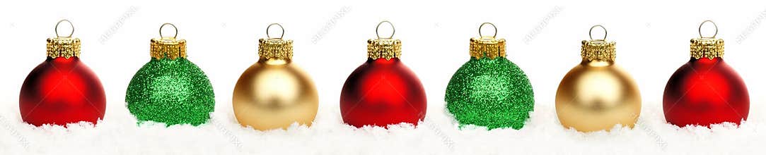 Christmas border baubles in snow isolated