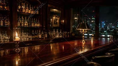 Luxury Jazz Bar with Candlelight and City Skyline Background Seamless HD Loop