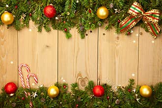 Christmas background with firtree, candies and baubles