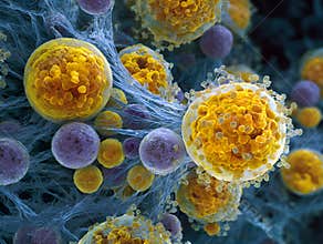 Overhead senescent cells dissolving attack of caeca showing yellow degraded cell clusters connected by fibrous blue matrix,